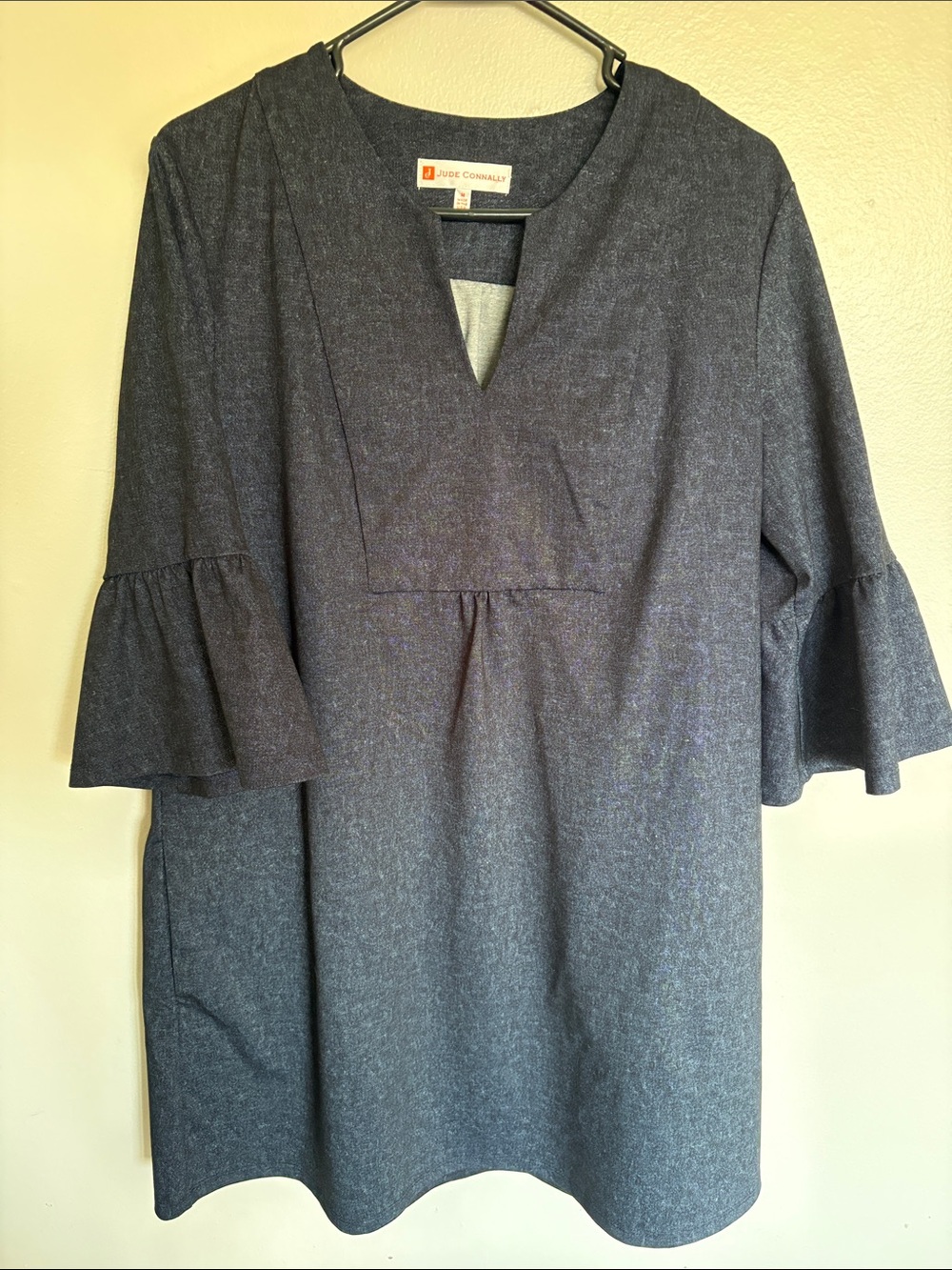 Jude Connally Kerry Dark Navy Denim Look V-Notch Bell Sleeve Tunic Dress